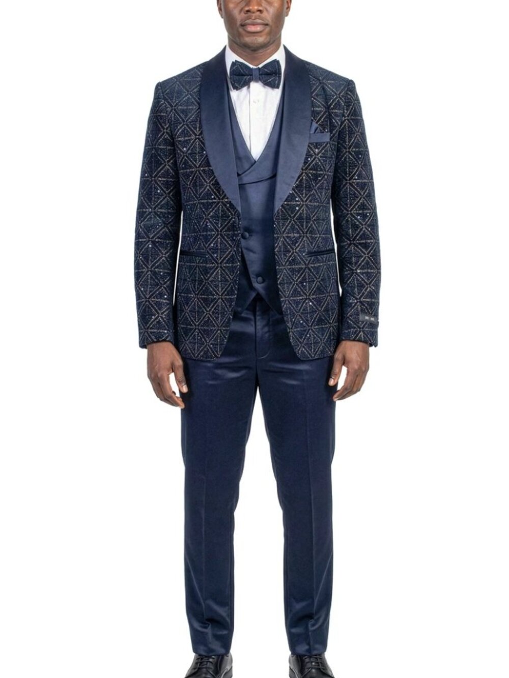 Navy Velvet Sequin Satin Shawl Lapel 3 Piece Skinny Fit Men's Fashion Suit